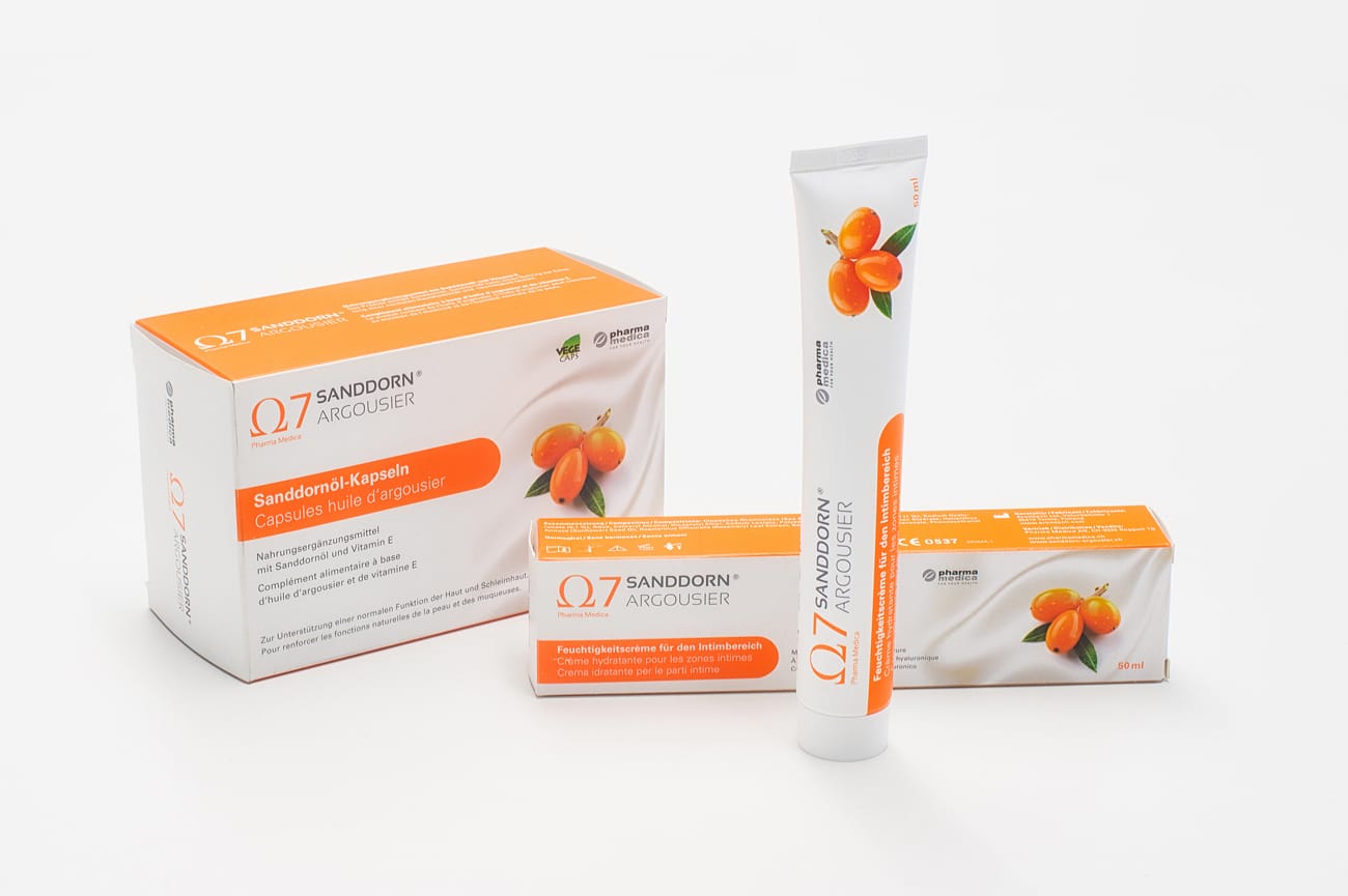 Verpackungsdesign Pharma Medica Produktserie Sanddorn Omega 7